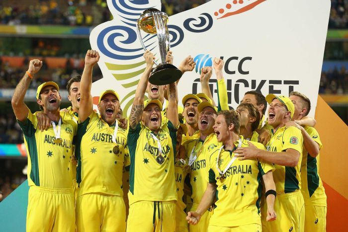Australian cricket team lifting the Cricket World Cup trophy in 2015